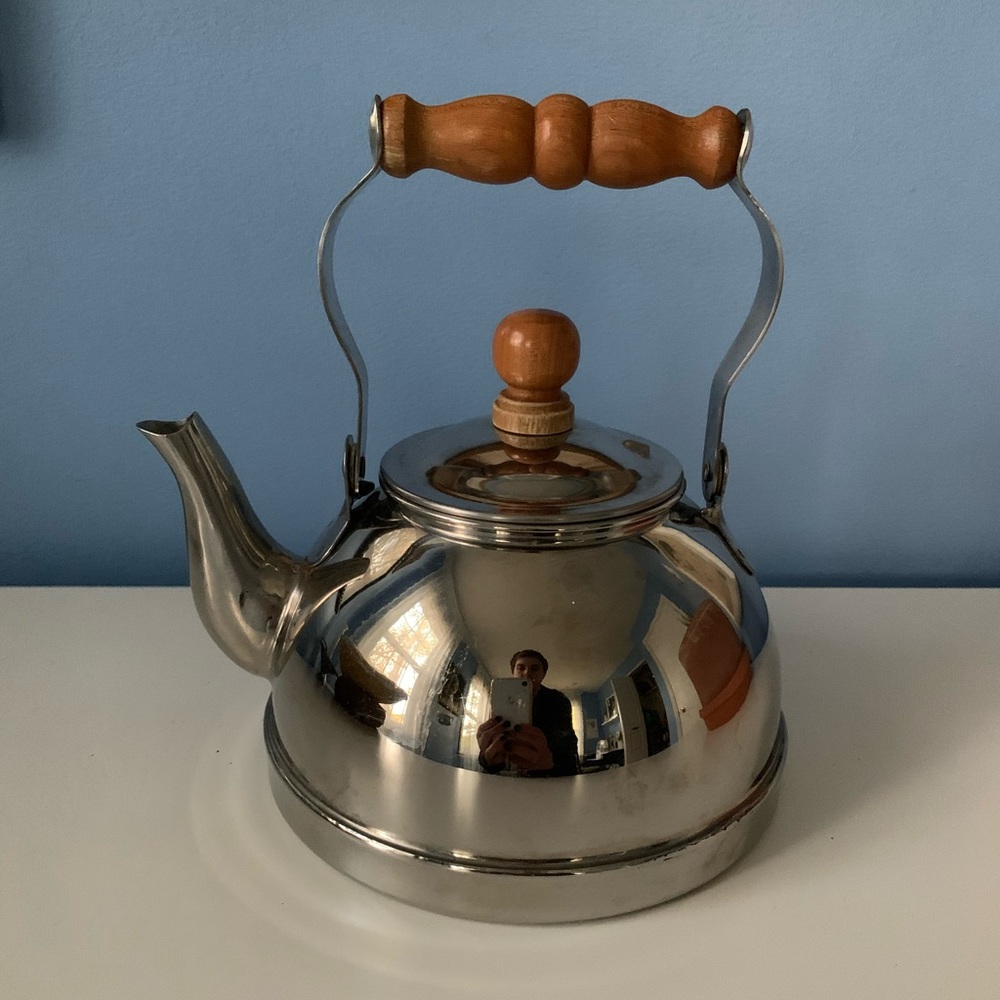 Vintage 1980s Stainless Steel & Wood Tea Kettle